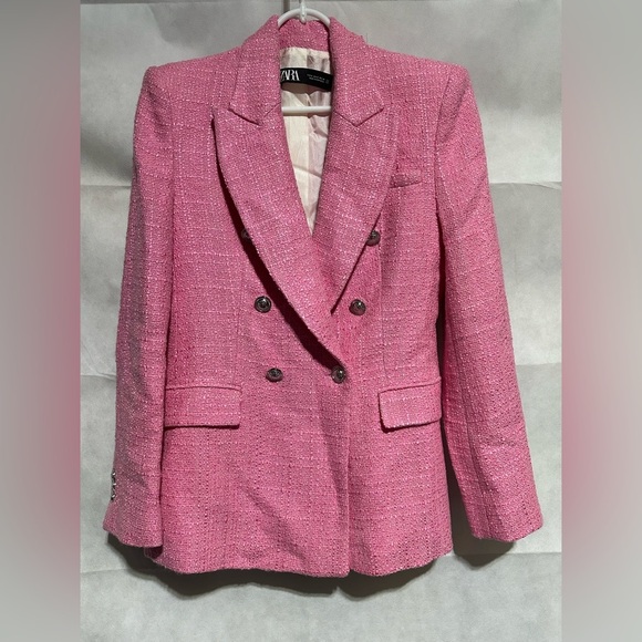 Zara Women’s Career Pink 100% Acetate Tweed Blazer Jacket Size Small MSRP $195